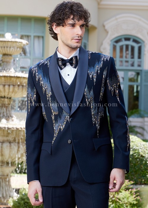 Luxury Navy Blue Tuxedo with Embroidery Detailing for Men