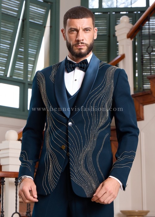 Teal Japanese Embroidered Tuxedo for Men