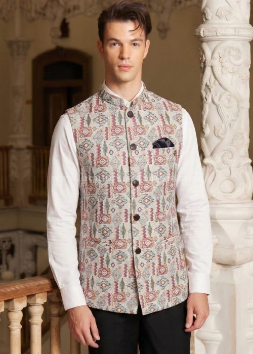 Classic Multicolor Ikat Pattern Waistcoat for Men