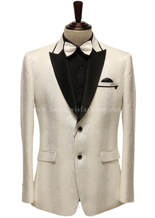 White Jacquard Opulent Finish Tuxedo Suit for Men