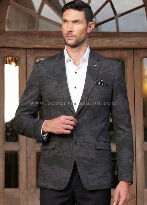Black Printed SeerSucker Blazer for Men