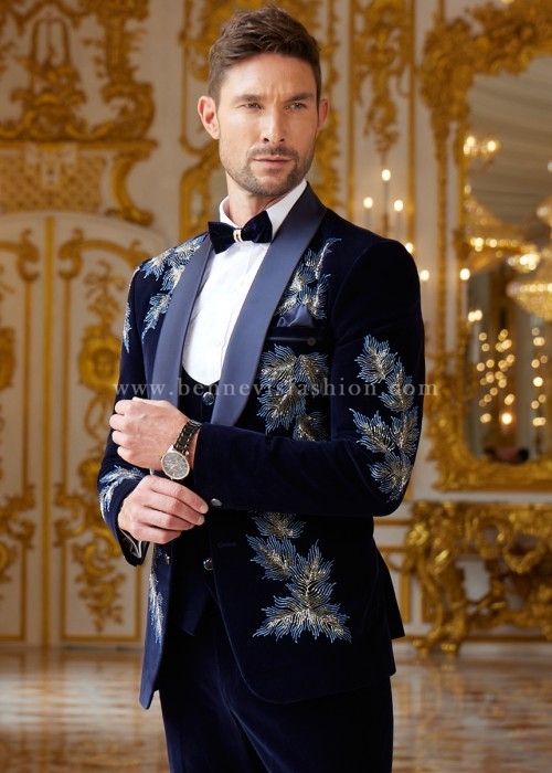 Velvet Navy Blue Hand Printed Embroidered Suit For Men
