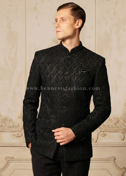 Black Floral-Lace Hand-Embroidered Jodhpuri for Men