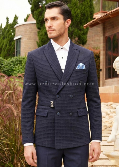 Blue Waffle-Knit Double-Breasted Buckle-Detail Blazer for Men