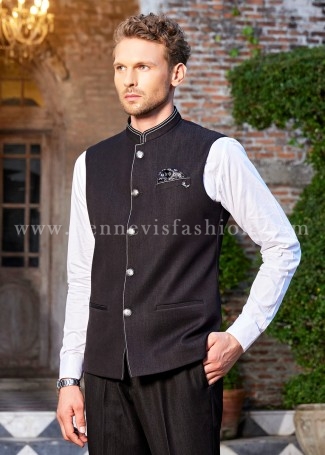 Saddle Stitch Black Waistcoat for Men