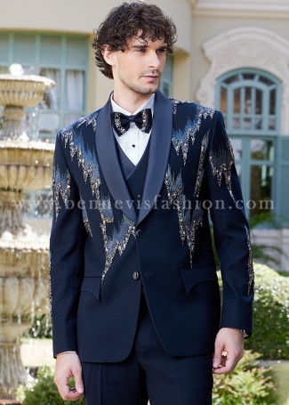 Luxury Navy Blue Tuxedo with Embroidery Detailing for Men