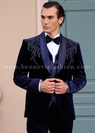 Navy Blue Velvet Embellished Tuxedo Suit for Men