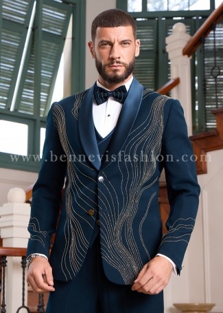 Teal Japanese Embroidered Tuxedo for Men