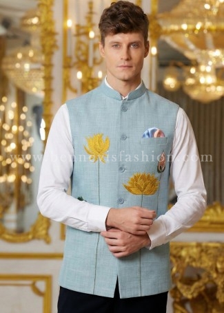 Sea Green Floral Motif Vest for Men