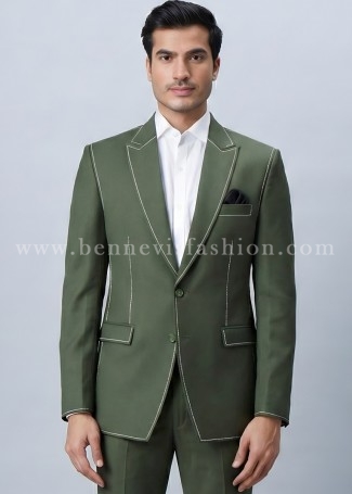 Olive Green Saddle Stitch Blazer for Men