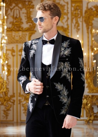Velvet Black Hand Printed  Embroidered Suit For Men
