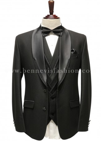 Black Embellished Shawl Lapel Multi Layer Tuxedo Suit for Men