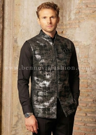 Silver-Tone Abstract Velvet Zipper Waistcoat for Men [Bomber Jacket]