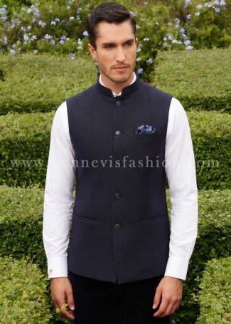 Blue Classic Jute Bandhgala Waistcoat for Men
