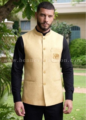 Beige Contemporary  Embroidered Nehru Waistcoat for Men