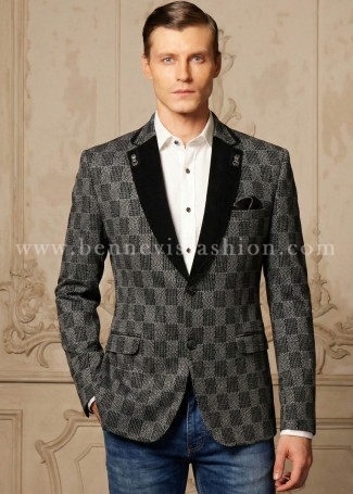 Black Tweed-Finish Plaid Blazer for Men