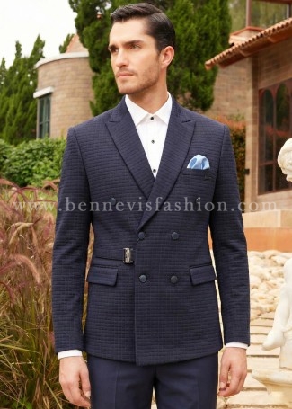 Blue Waffle-Knit Double-Breasted Buckle-Detail Blazer for Men